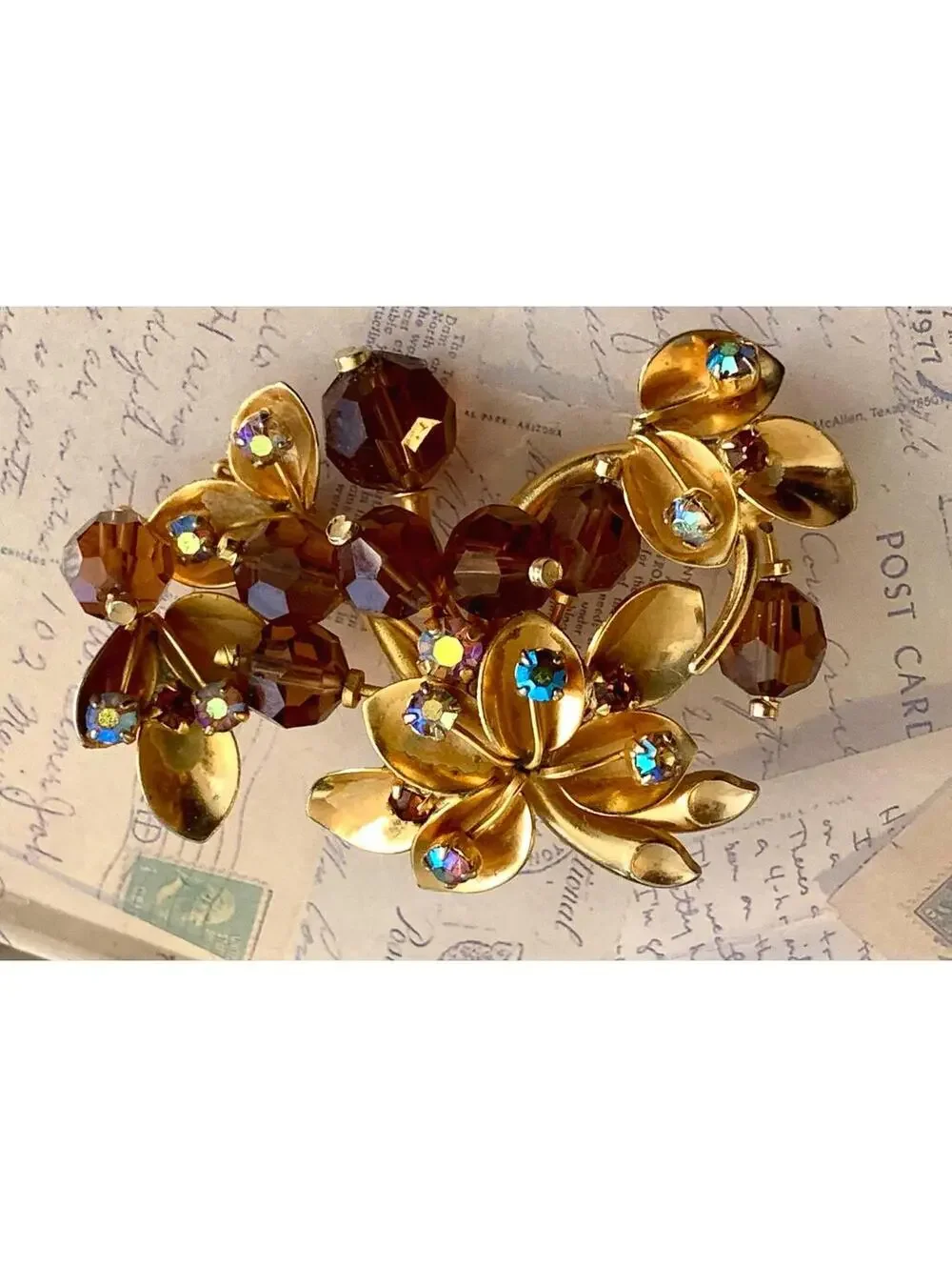 Vintage Austria Crystal Brooch Smoky Amber AB Rhinestone Floral Pin
